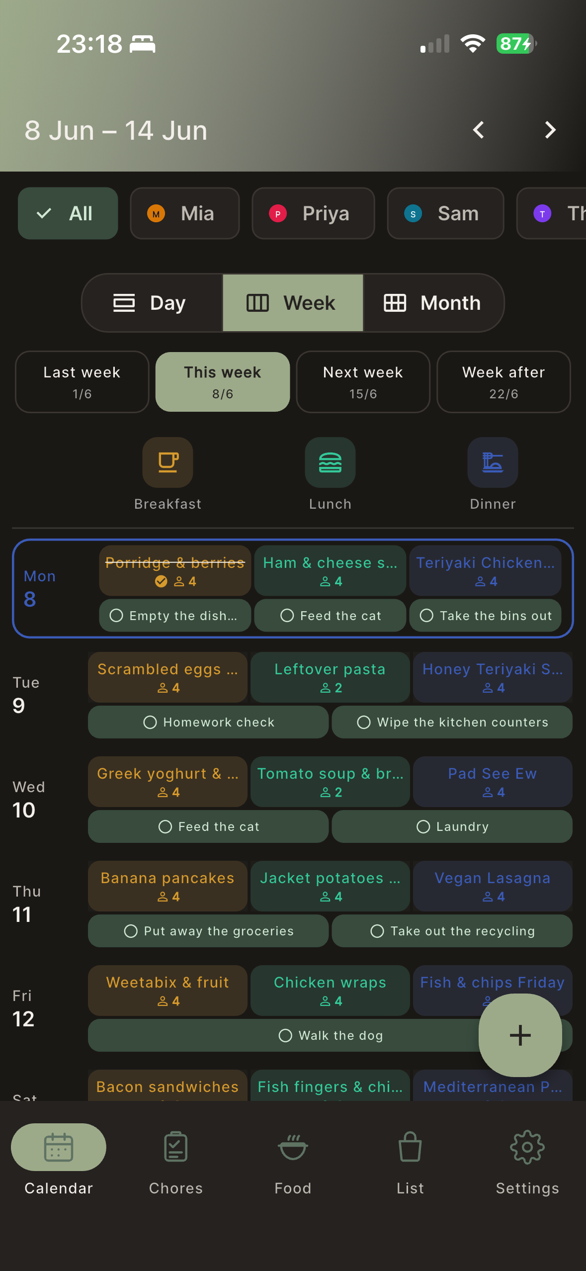 Kindred weekly calendar — colour-coded meal slots with member dots showing who's around
