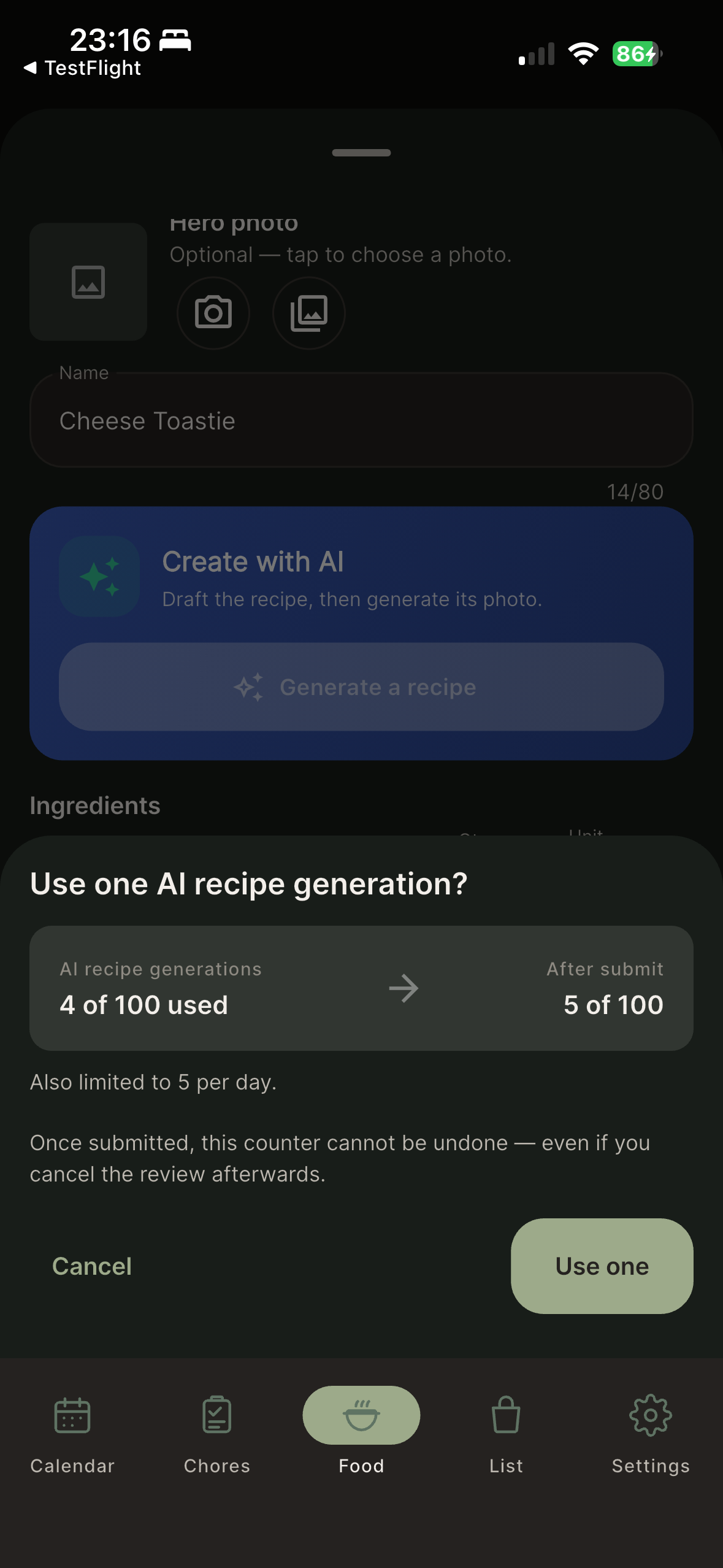 AI recipe credits