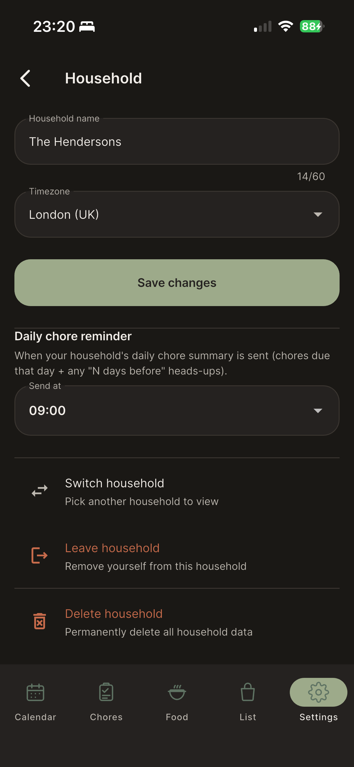 Household settings